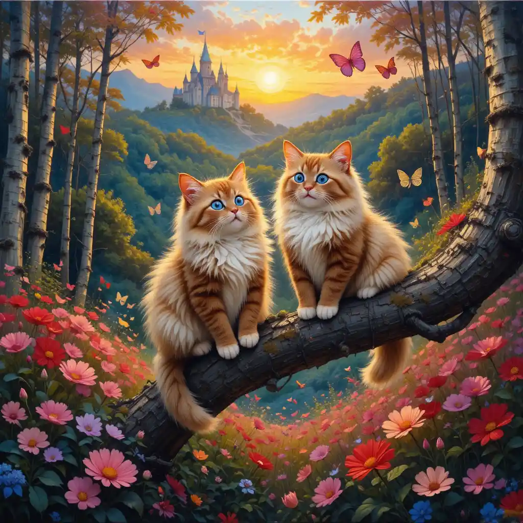 Playful Norwegian Forest Cats on a Sunset Tree Branch