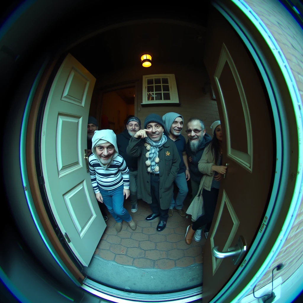 Surreal group of people seen through a fisheye door viewer