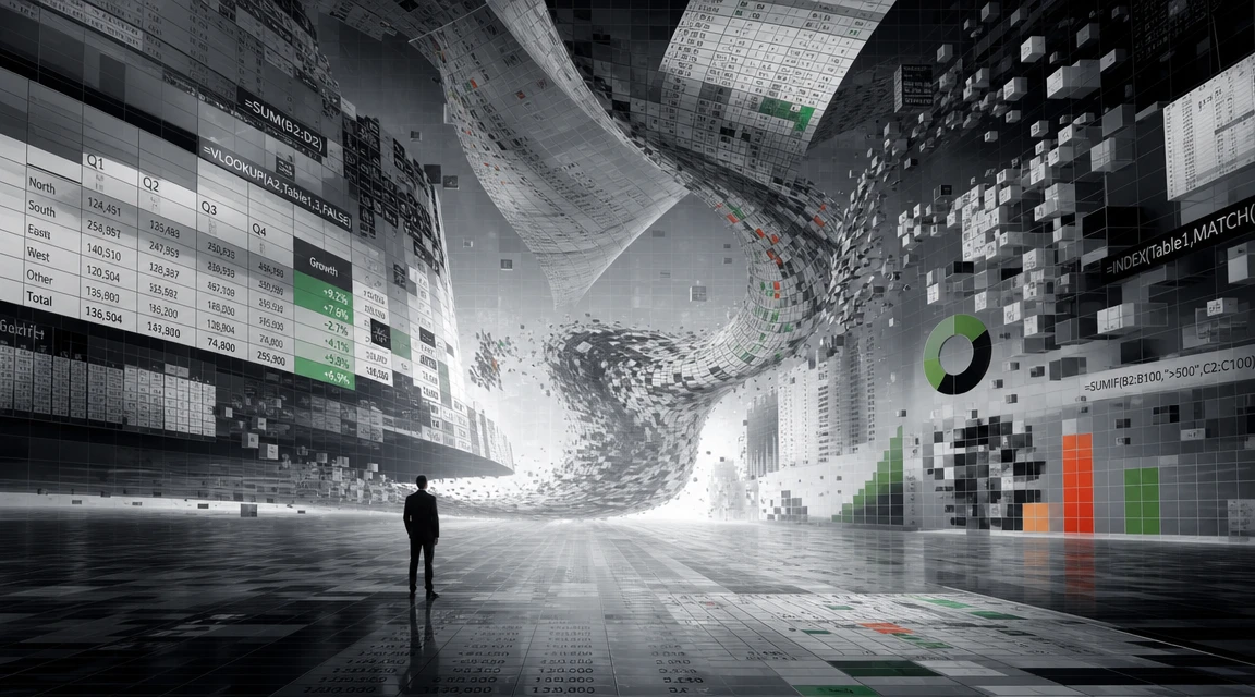 Human figure watching a spreadsheet world shift in waves