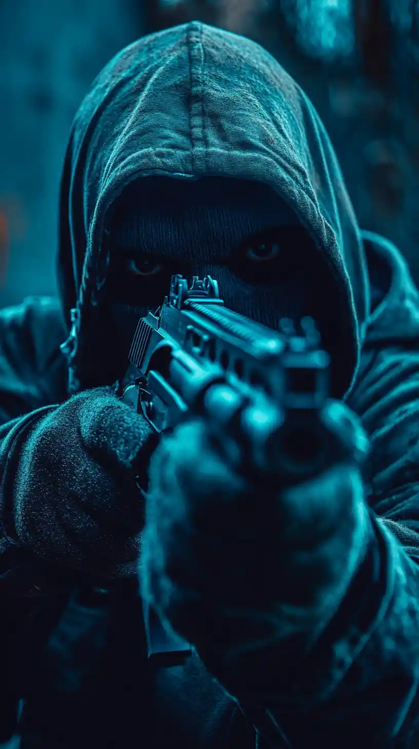 Low angle view of a person holding a shotgun