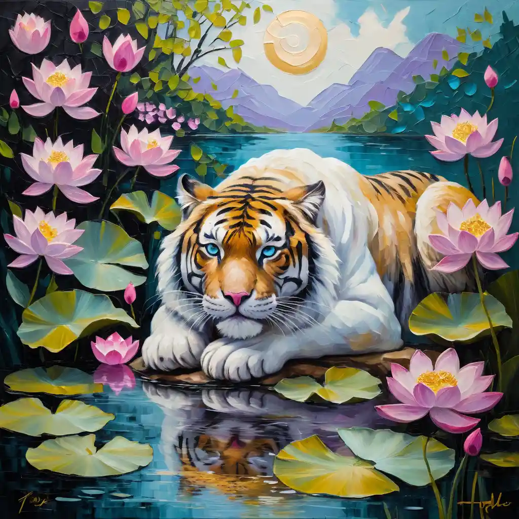 Sleeping tiger among pink lotus flowers by a tranquil lake