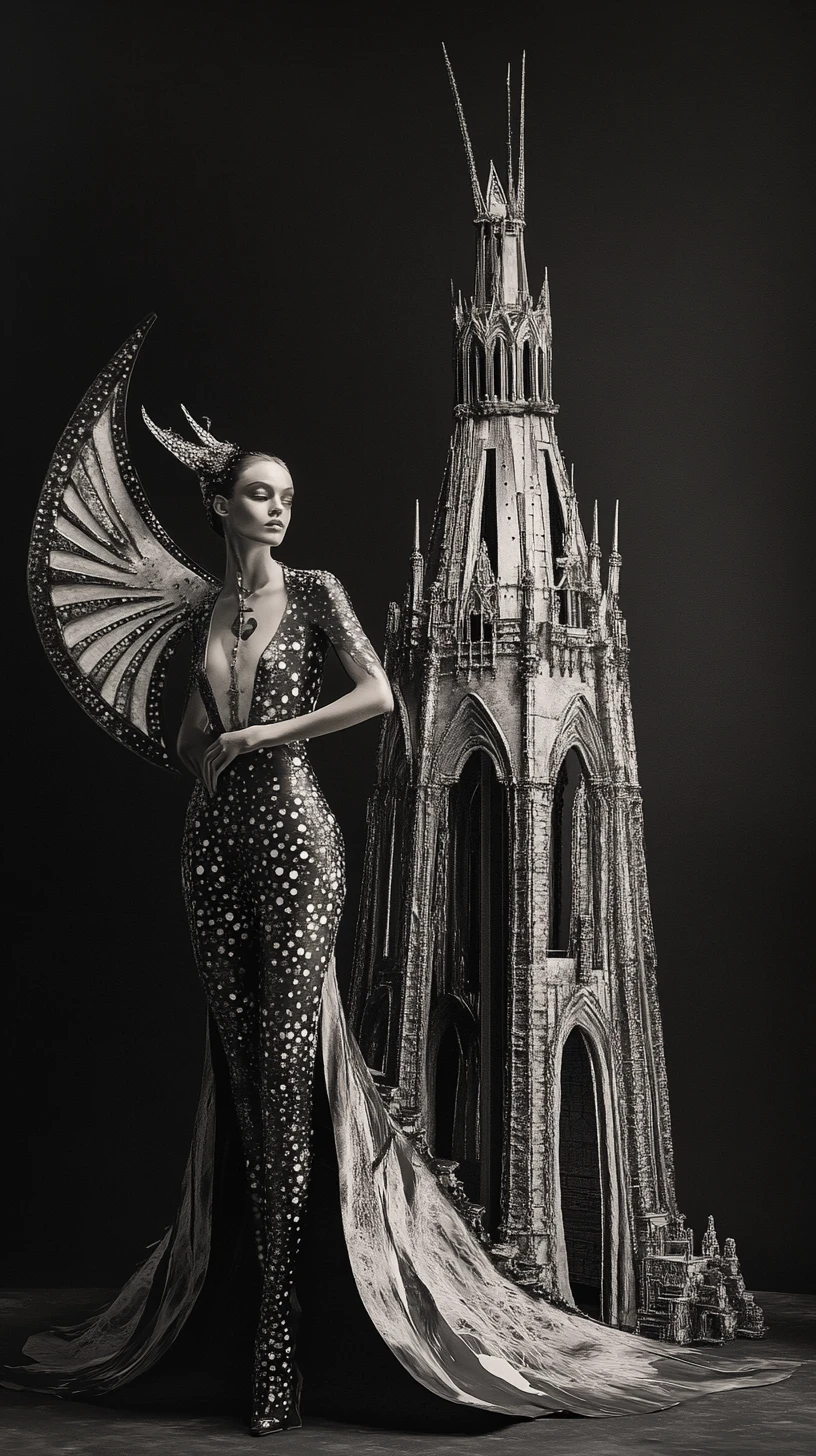 Gothic couture model towering beside surreal hybrid creature