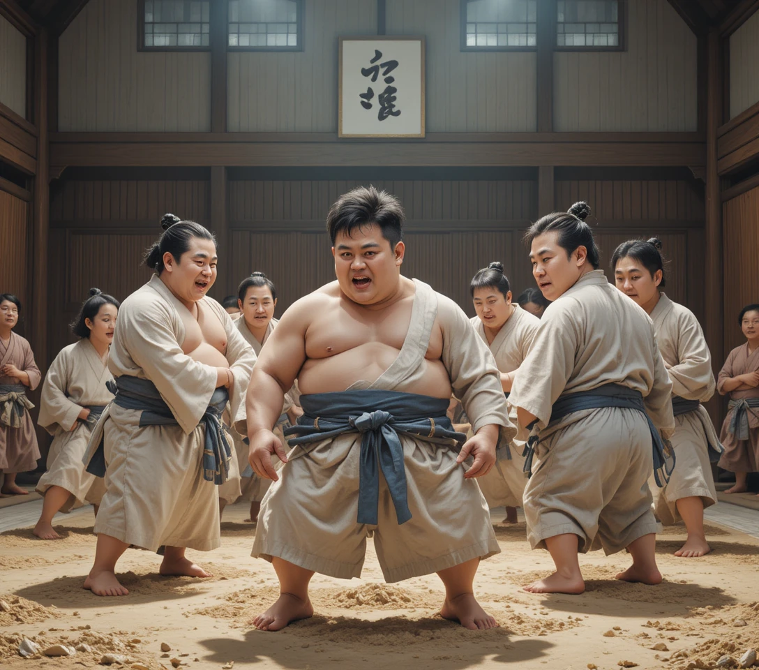 Traditional sumo wrestlers training in indoor arena