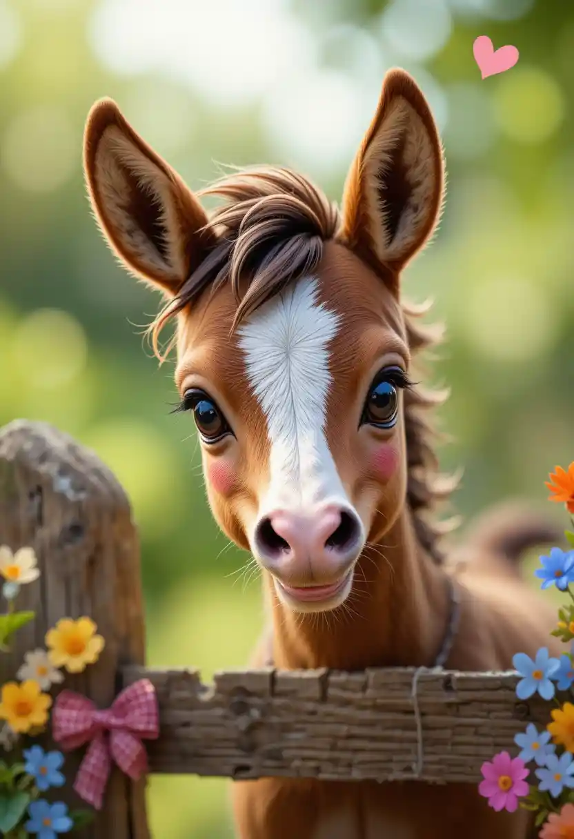 Cute foal close up with flowers and wooden fence