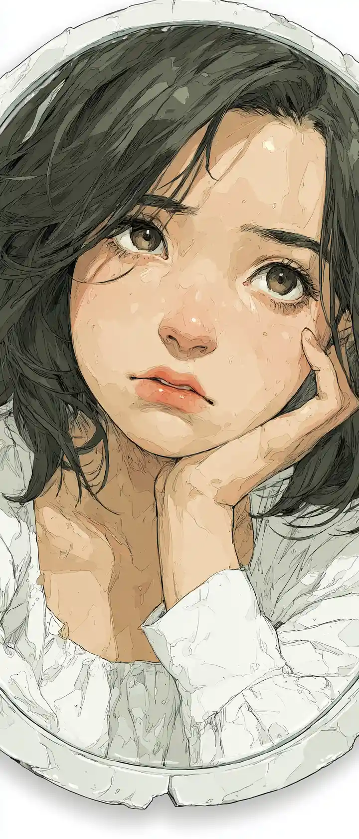 Melancholic anime girl sticker gazing at her childhood reflection