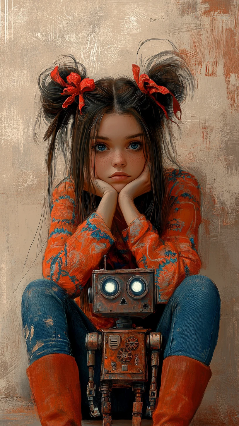 Girl with robot in tender storybook style portrait