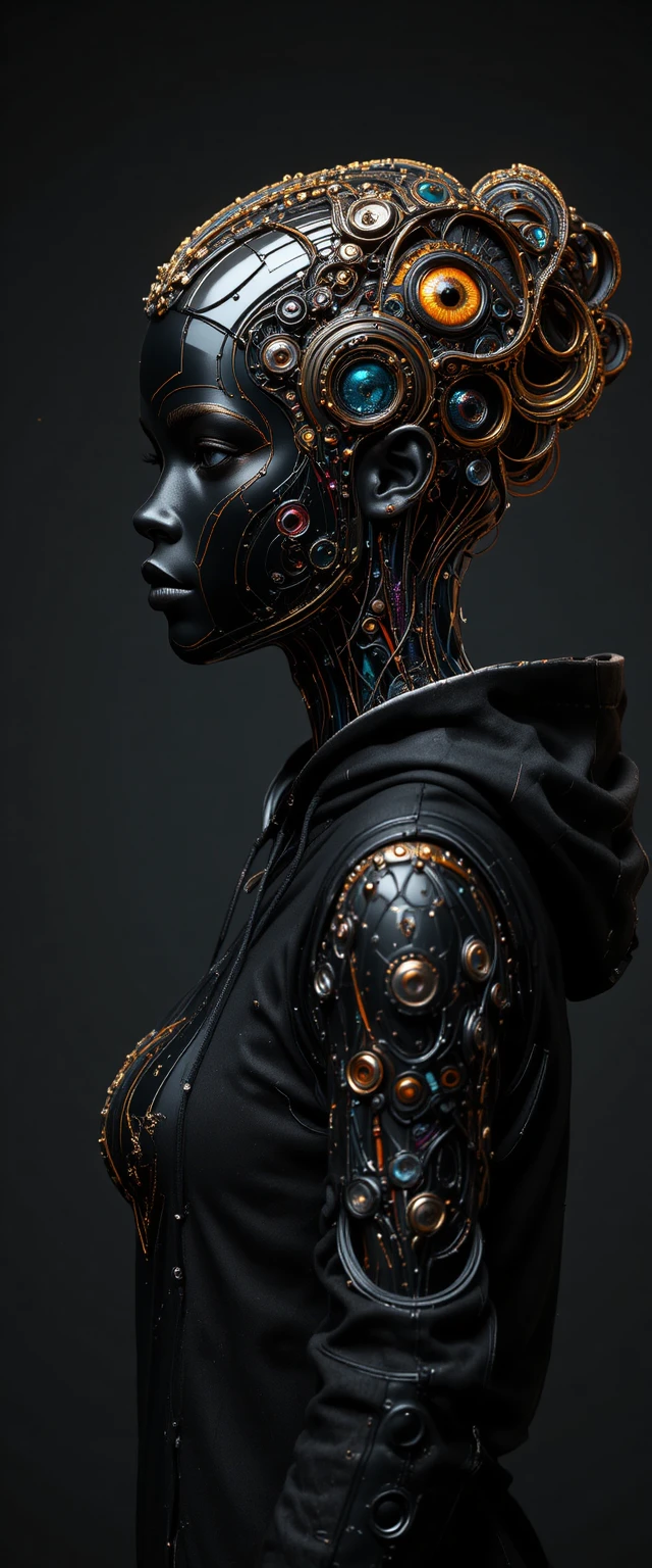 Black robot in hoodie with neon futuristic studio look
