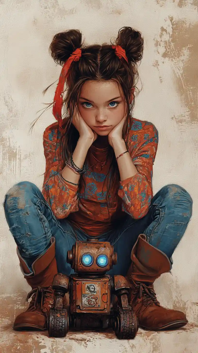 Girl with pigtails and vintage robot in tender moment