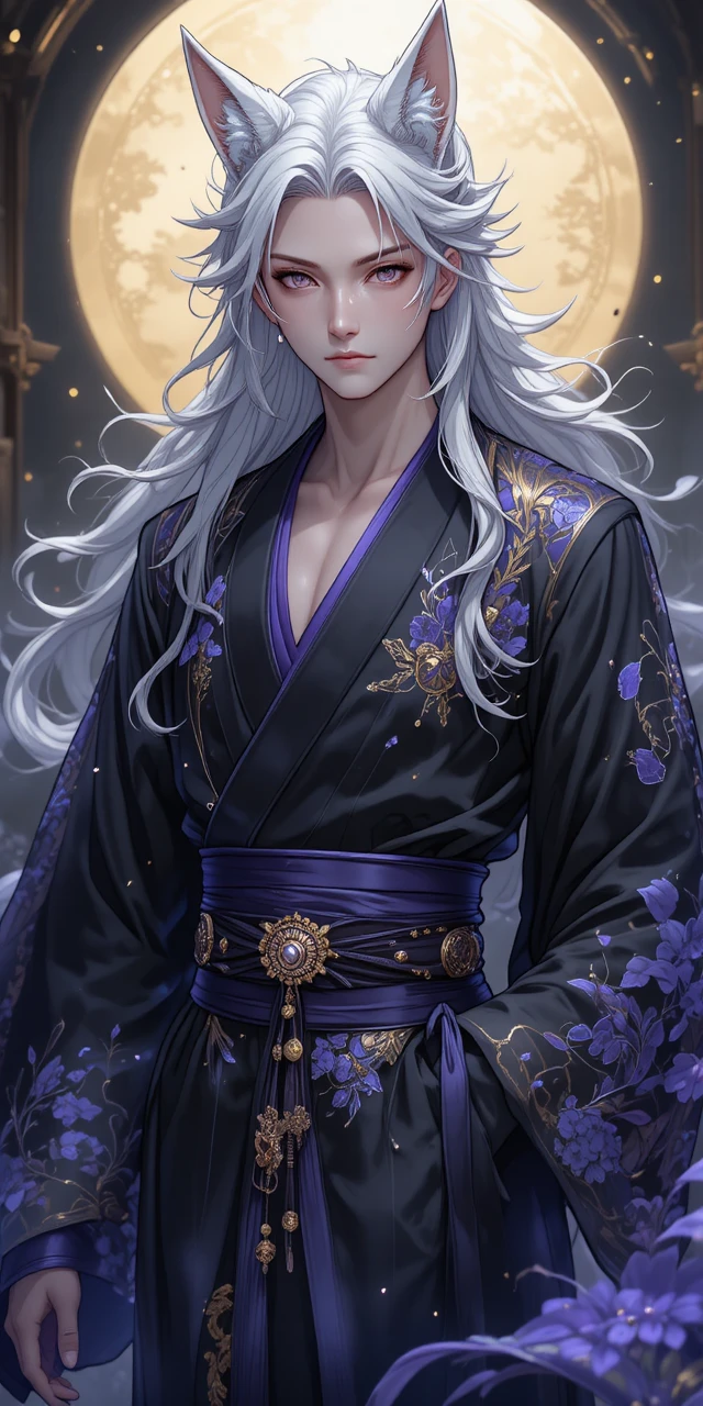 Elegant fox eared fantasy man in dark modern kimono
