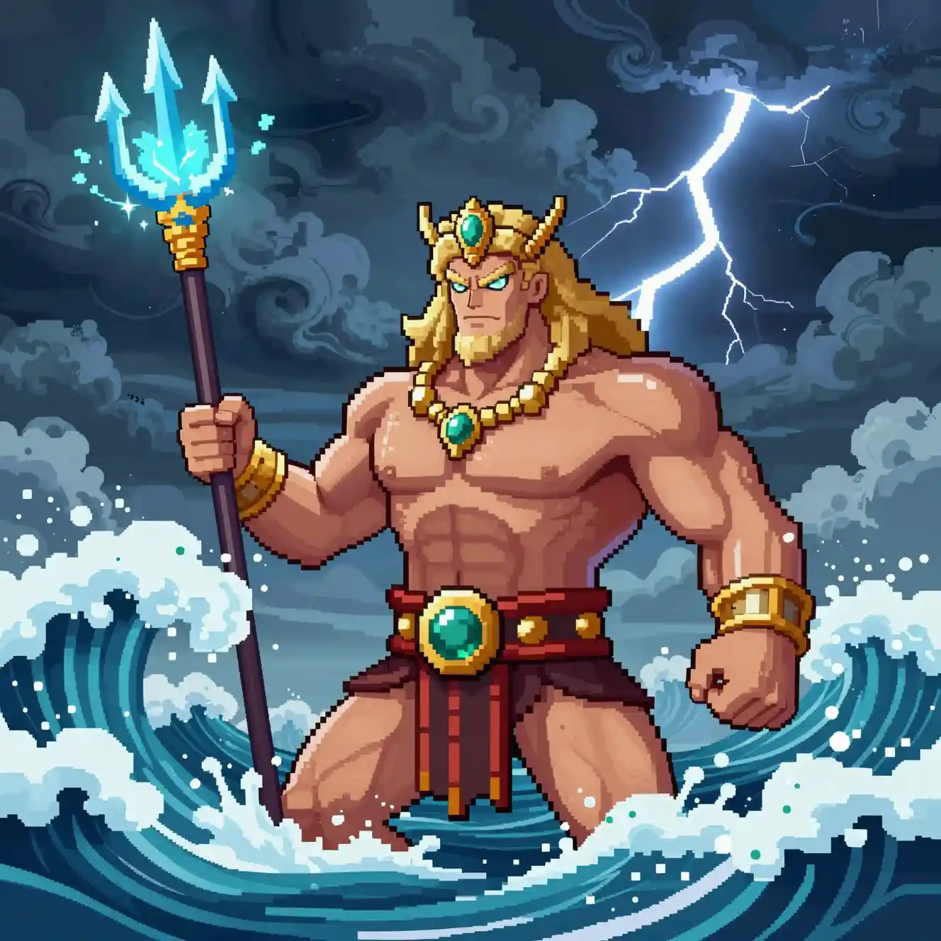 Mythic sea god rising from a violent storm