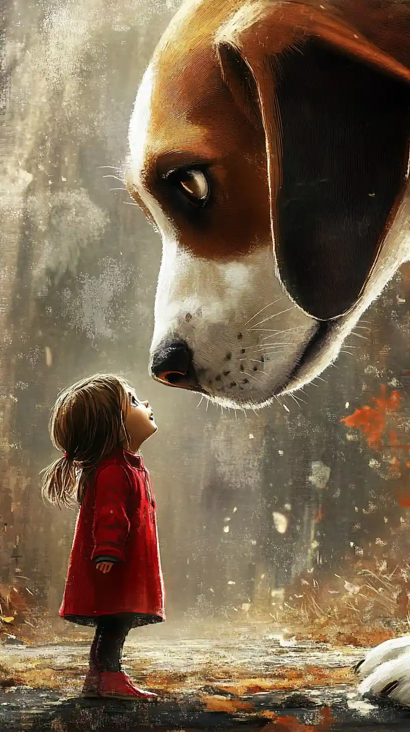 Giant beagle facing a tiny girl in dramatic illustration