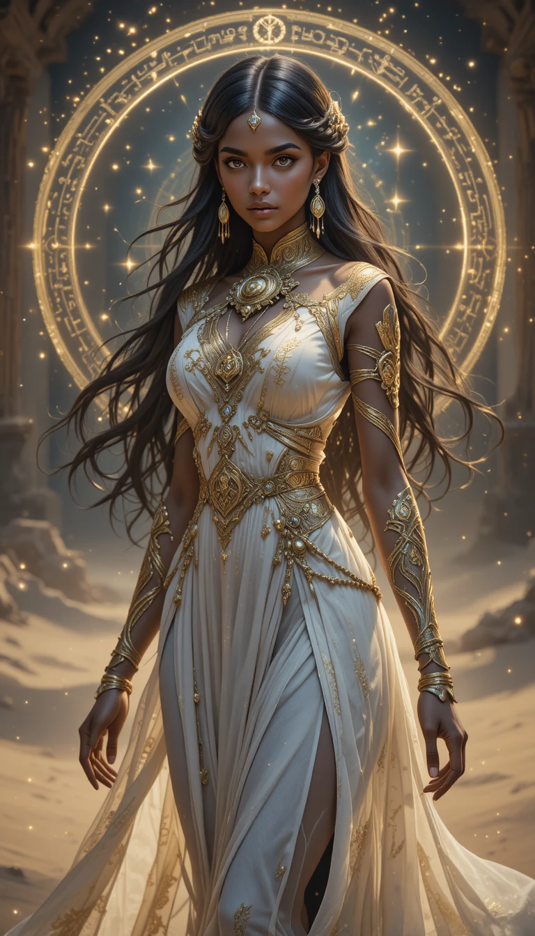 Elegant dark skinned desert sorceress with glowing magic aura
