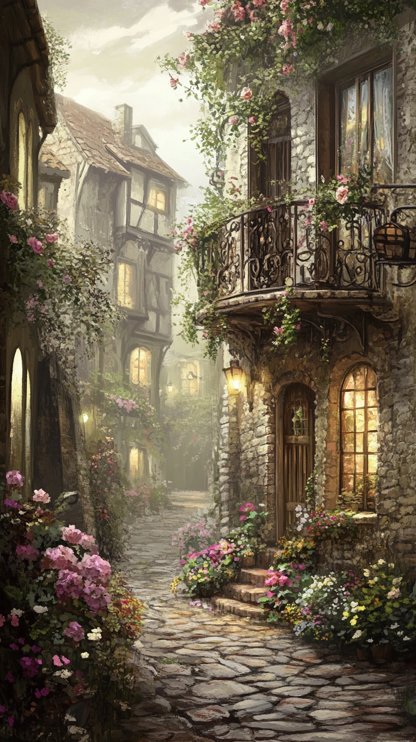 Fantastical alley with ivy covered cottage and balcony