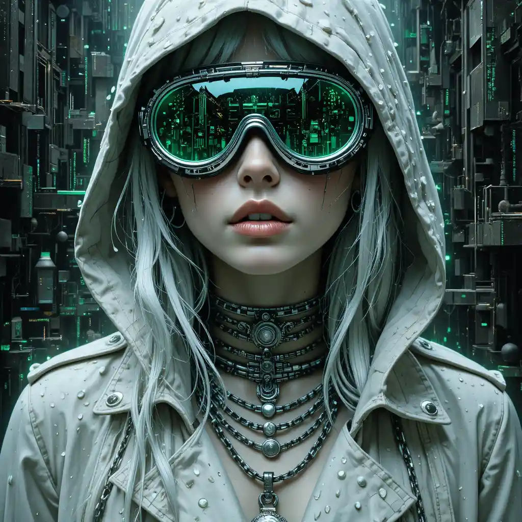 Cyberpunk heroine dissolving into surreal digital glitches