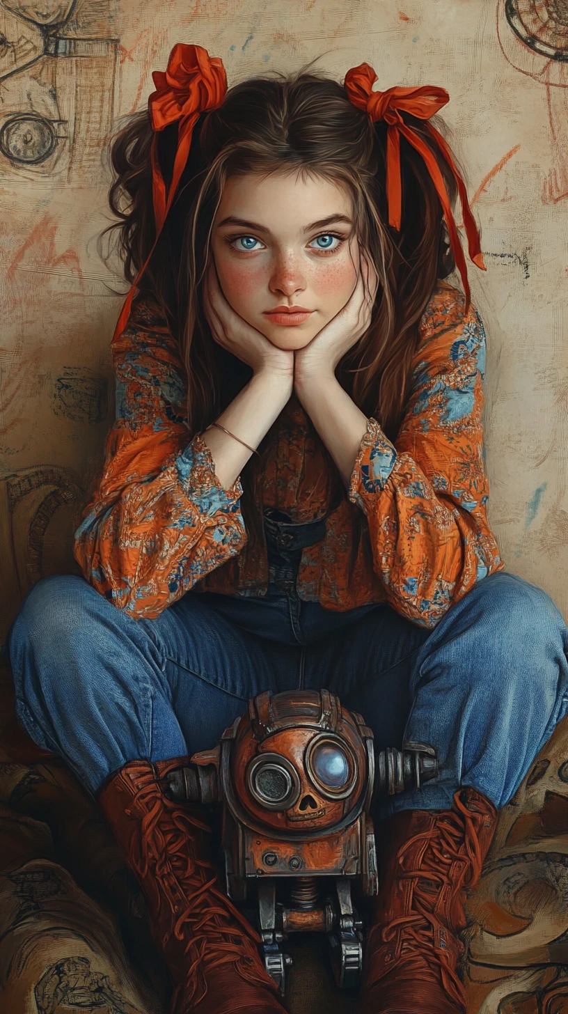 Young Woman Sitting With Rusty Robot In Tender Gaze