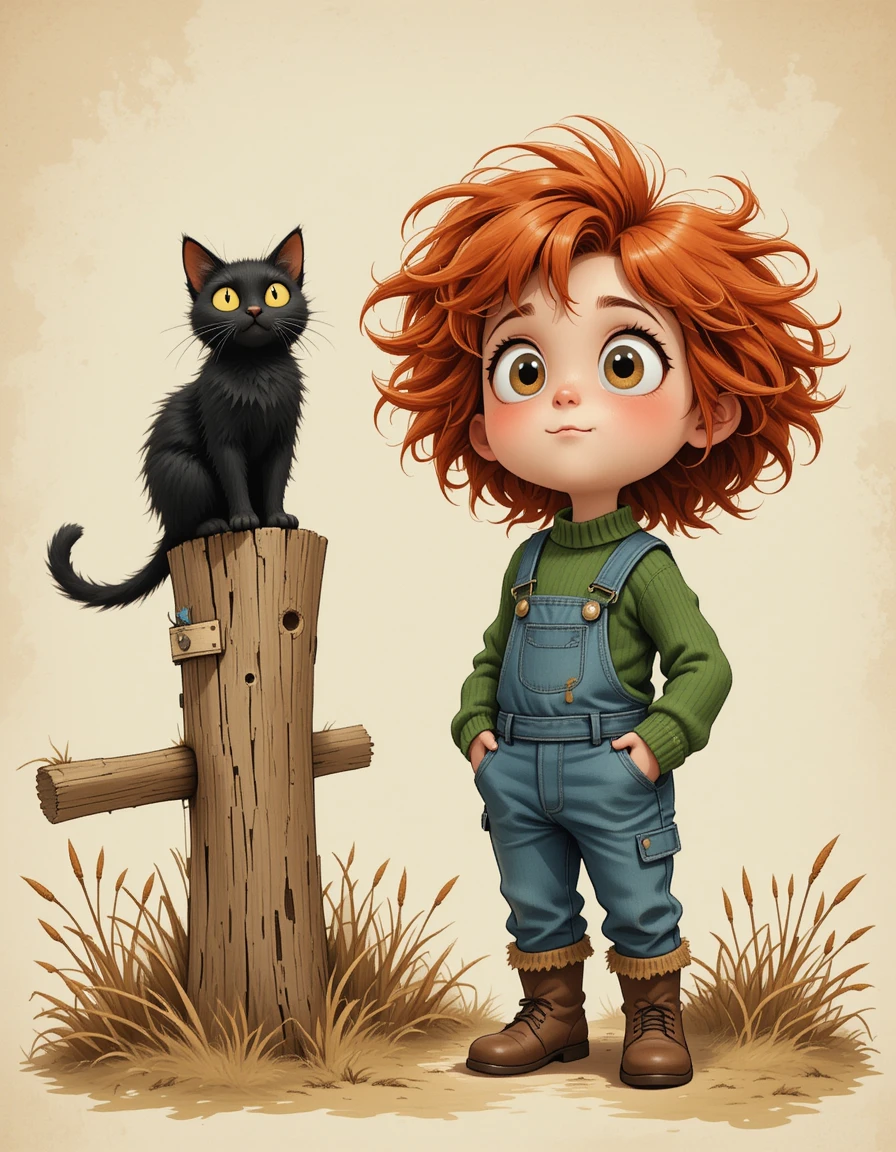 Curious red haired child and black cat by wooden fence