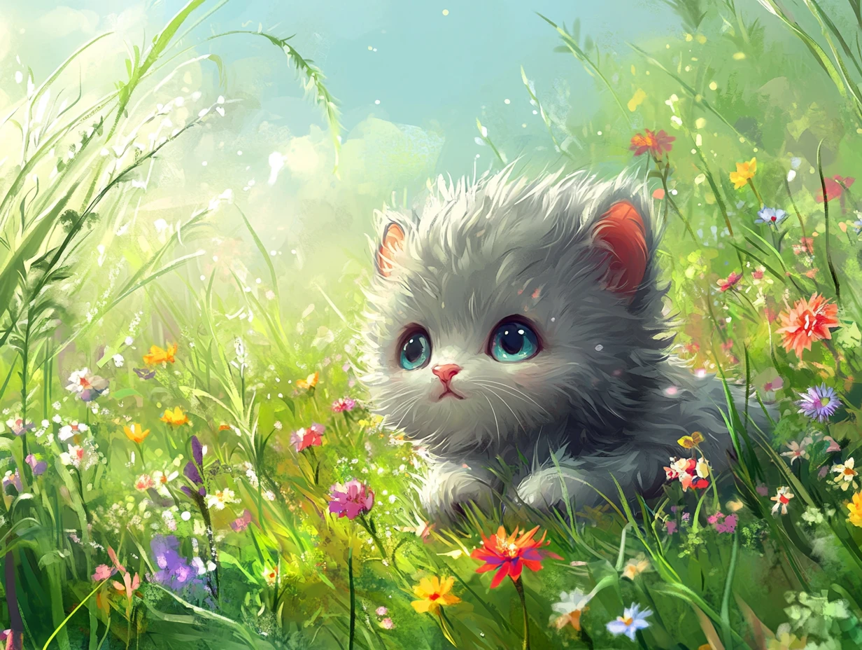 Cute baby animal in a bright green flowered meadow
