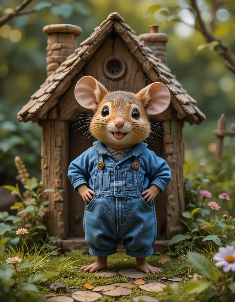 Cartoon mouse in overalls standing proudly by his cozy home