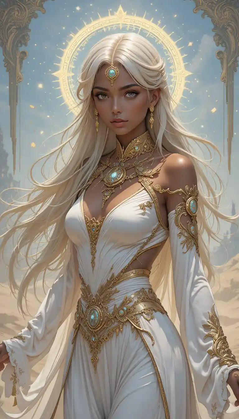 Elegant dark skinned fantasy sorceress in flowing desert robes