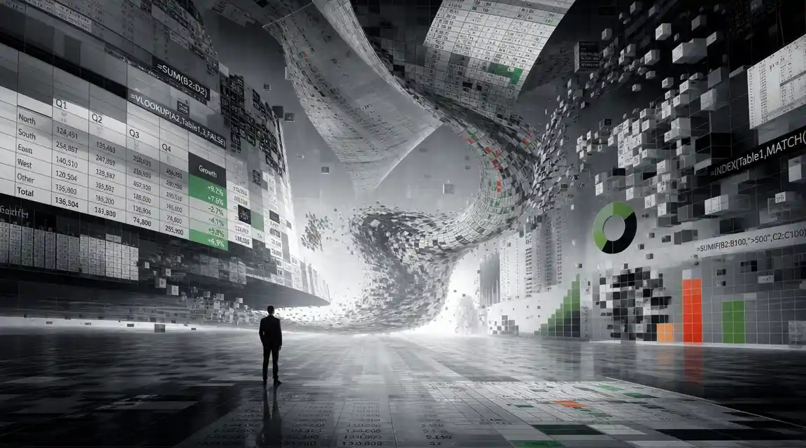 Human figure watching a spreadsheet world shift in waves