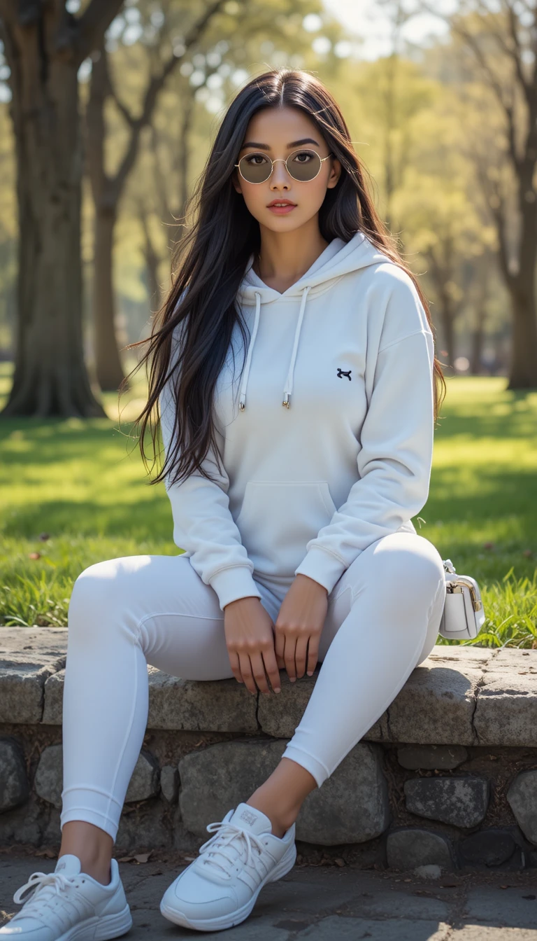 Woman in white tracksuit sitting in sunny green park