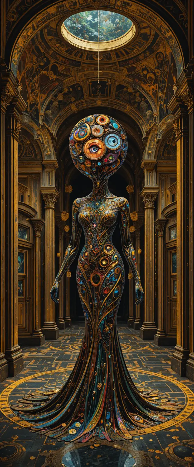 Psychedelischer abstrakter Innenraum mit labyrinthischen geometrischen Formen