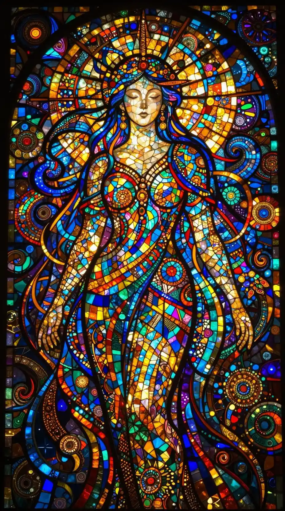 Stained glass goddess portrait in radiant abstract patterns