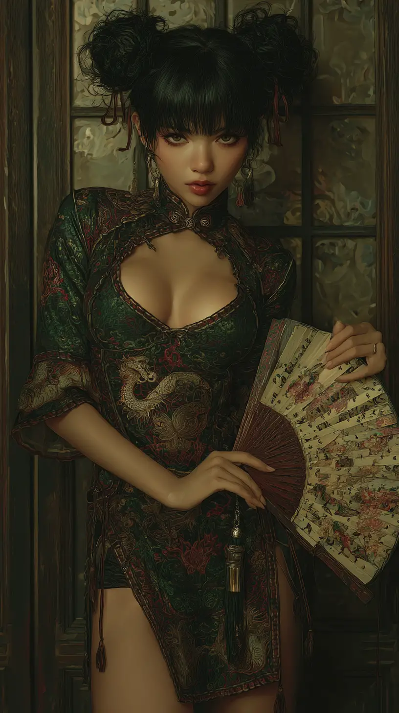 Dark haired woman in emerald cheongsam with folding fan