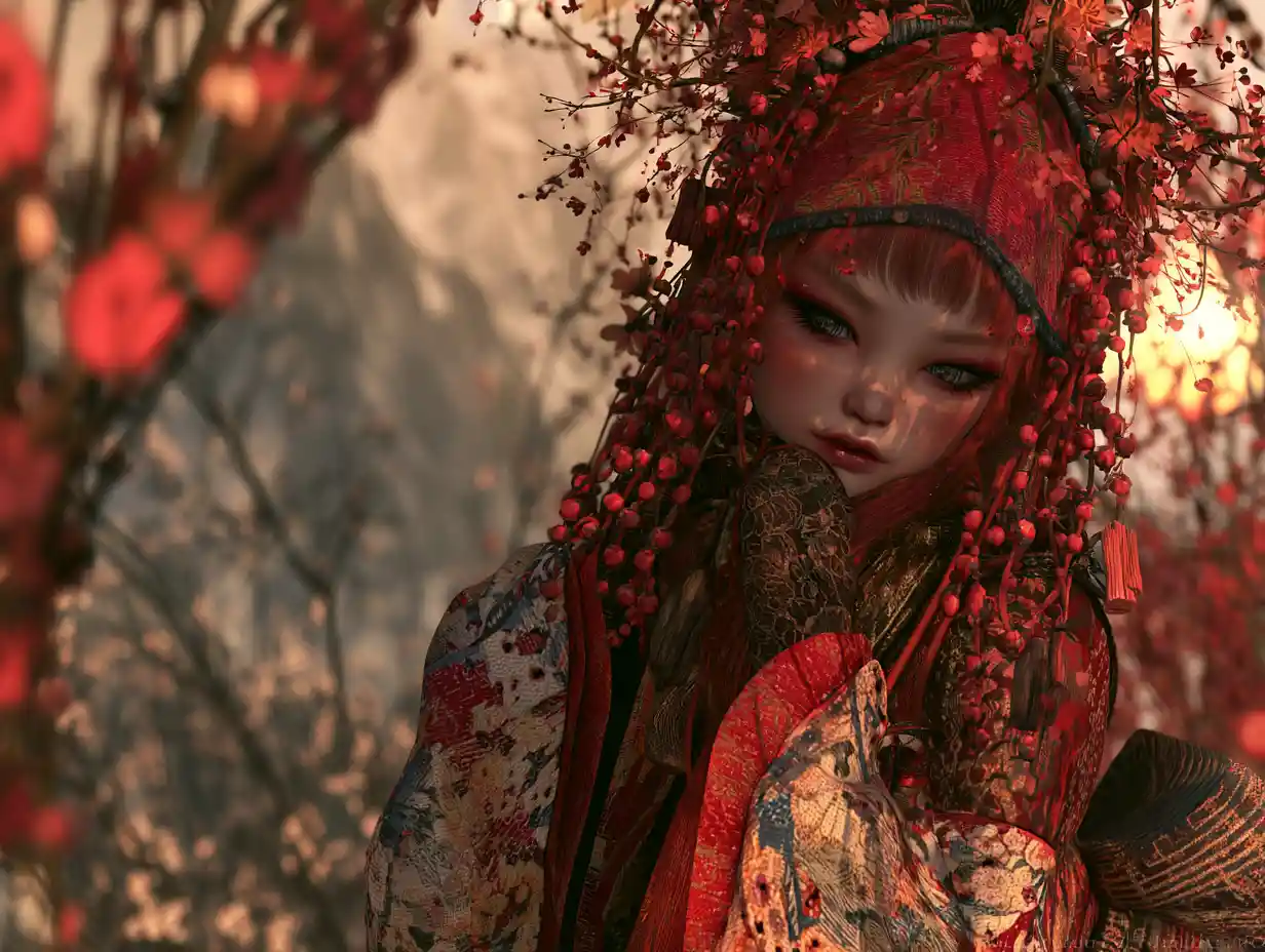 Mystical Woman In A Dreamy Fantasy Landscape With Sunlit Blossoms