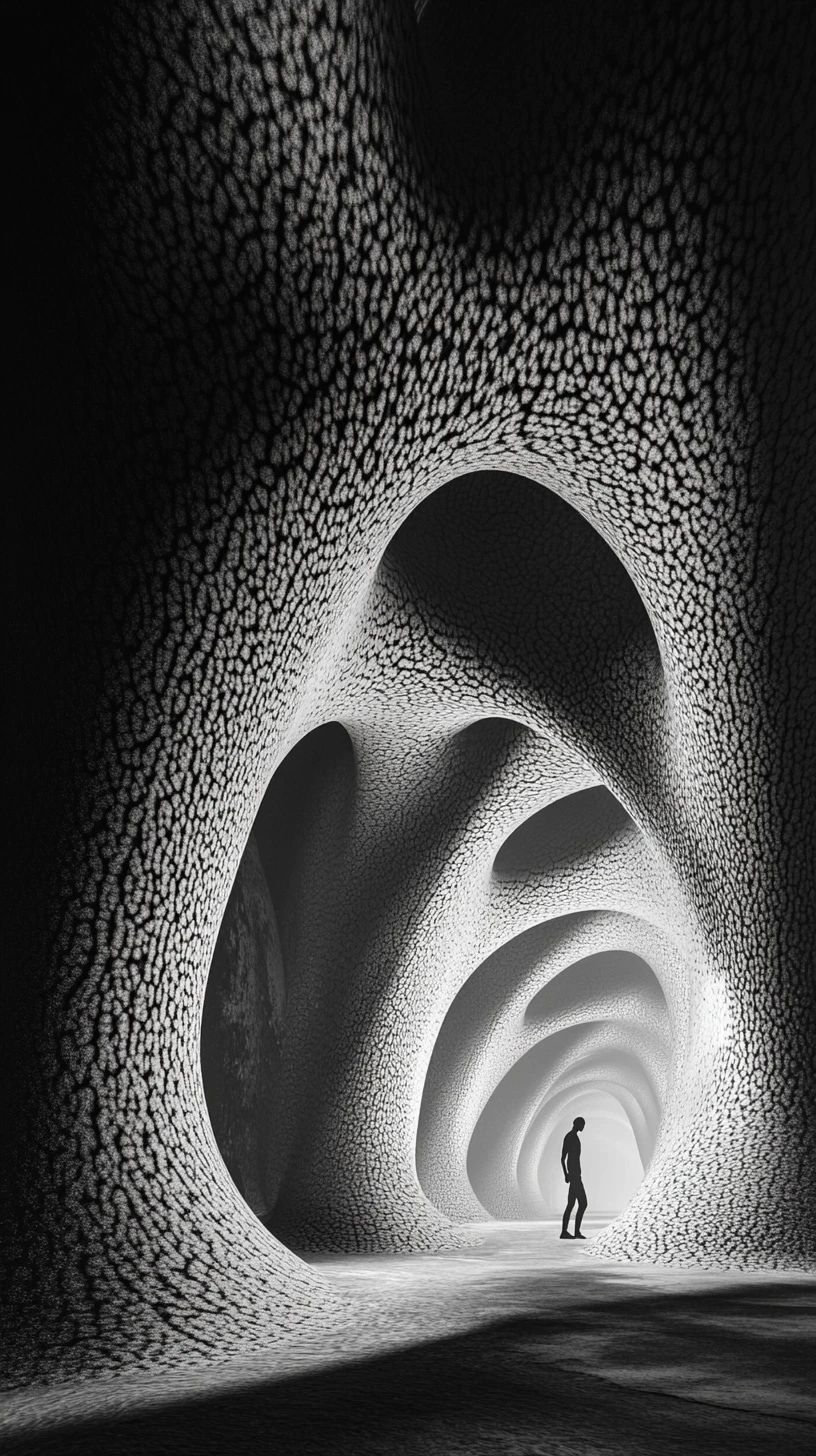 Surreal corridor of bending arches with a lone walking figure
