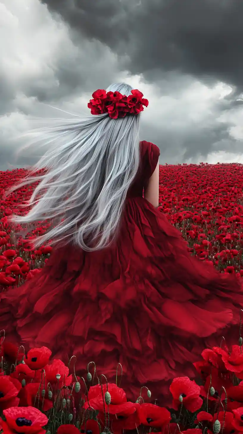 Woman in flowing red gown among endless poppy field
