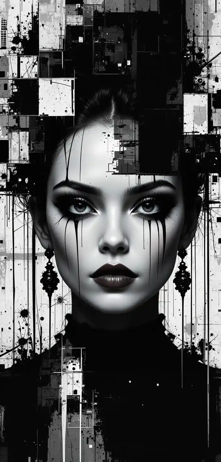 High contrast black and white close up of artistic woman