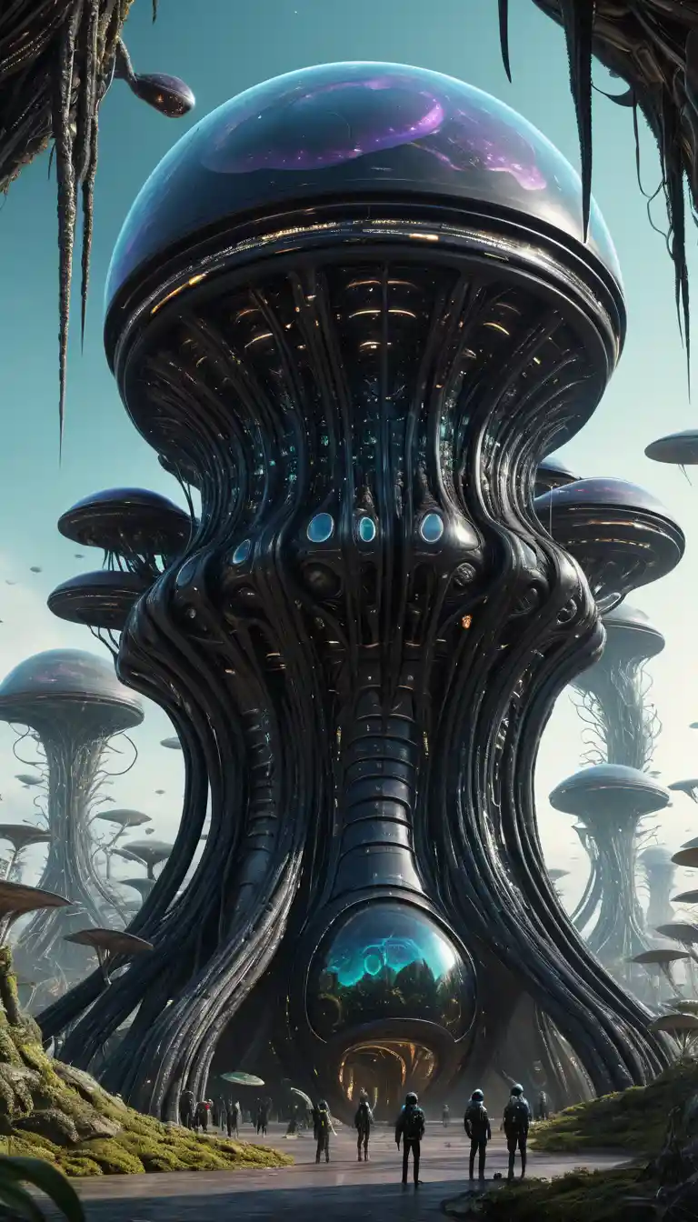 Tiny alien worms tending colossal organic starship structures