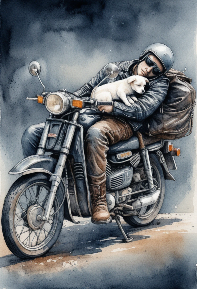 Tired biker sleeping on vintage motorcycle with small puppy