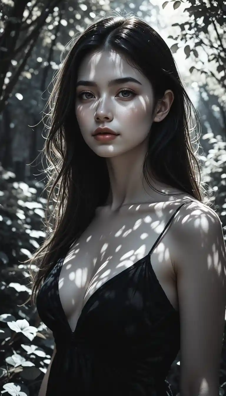 Young woman in dappled sunlight in a quiet garden