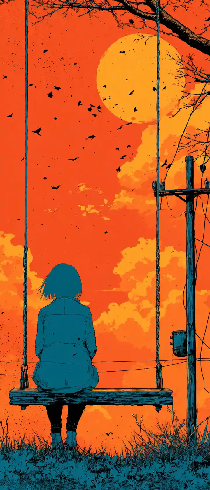 Lonely anime girl on a swingset at warm orange sunset