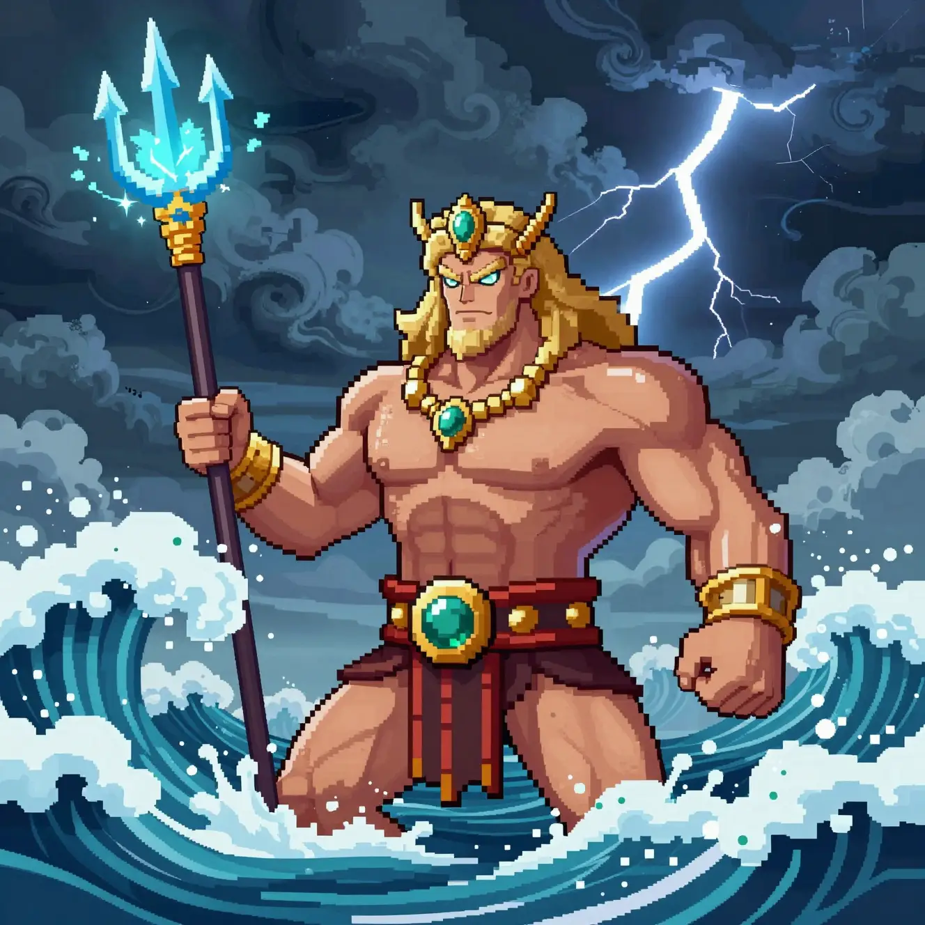 Mythic sea god rising from a violent storm