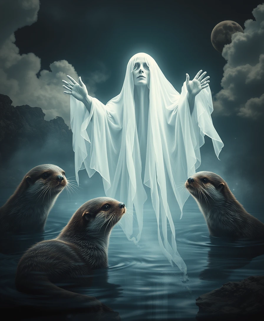 Surreal ghost of desire with dreaming otters in balance