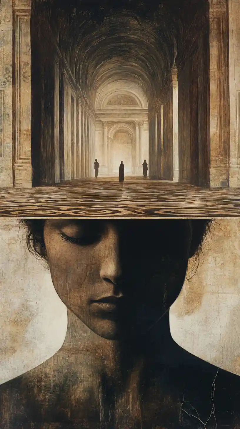 Surreal regal figure whose face reveals an empty palace hall
