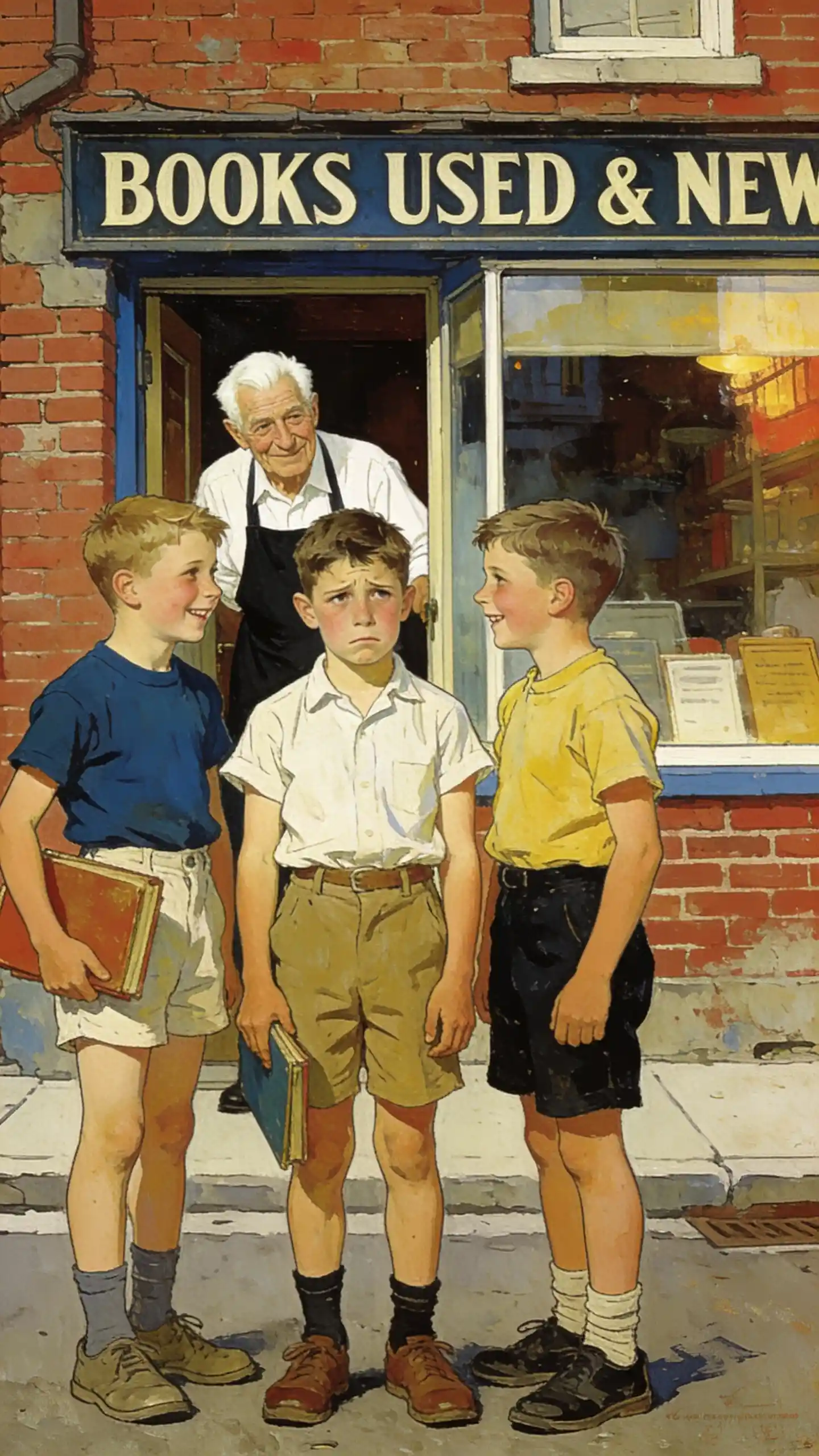 Drei Jungen vor einem Antiquariat an einem warmen Nachmittag
