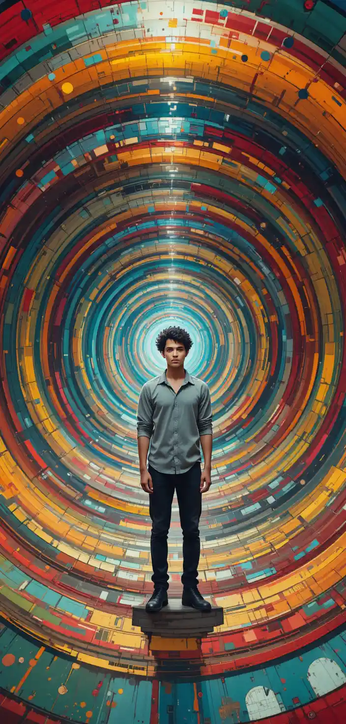 Man standing in a colorful spiral tunnel digital painting