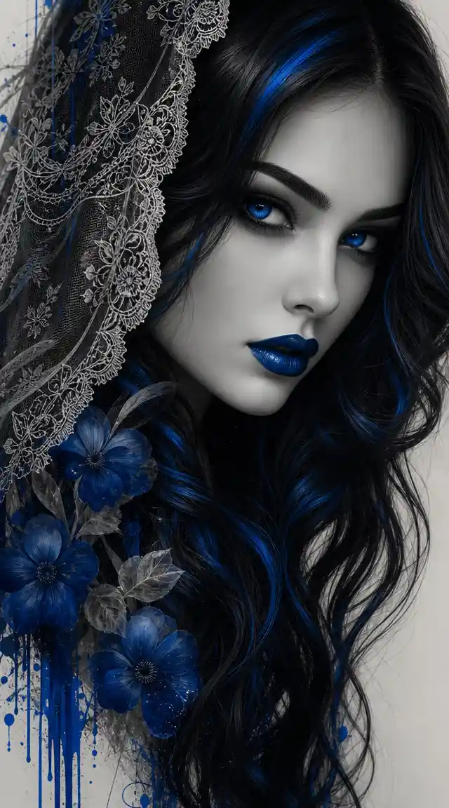 Monochrome girl portrait with vivid electric blue accents