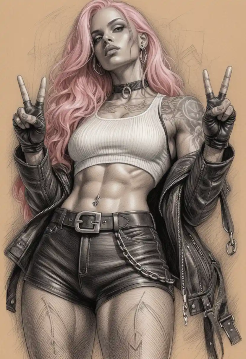 Athletic pink haired woman posing with bold peace signs