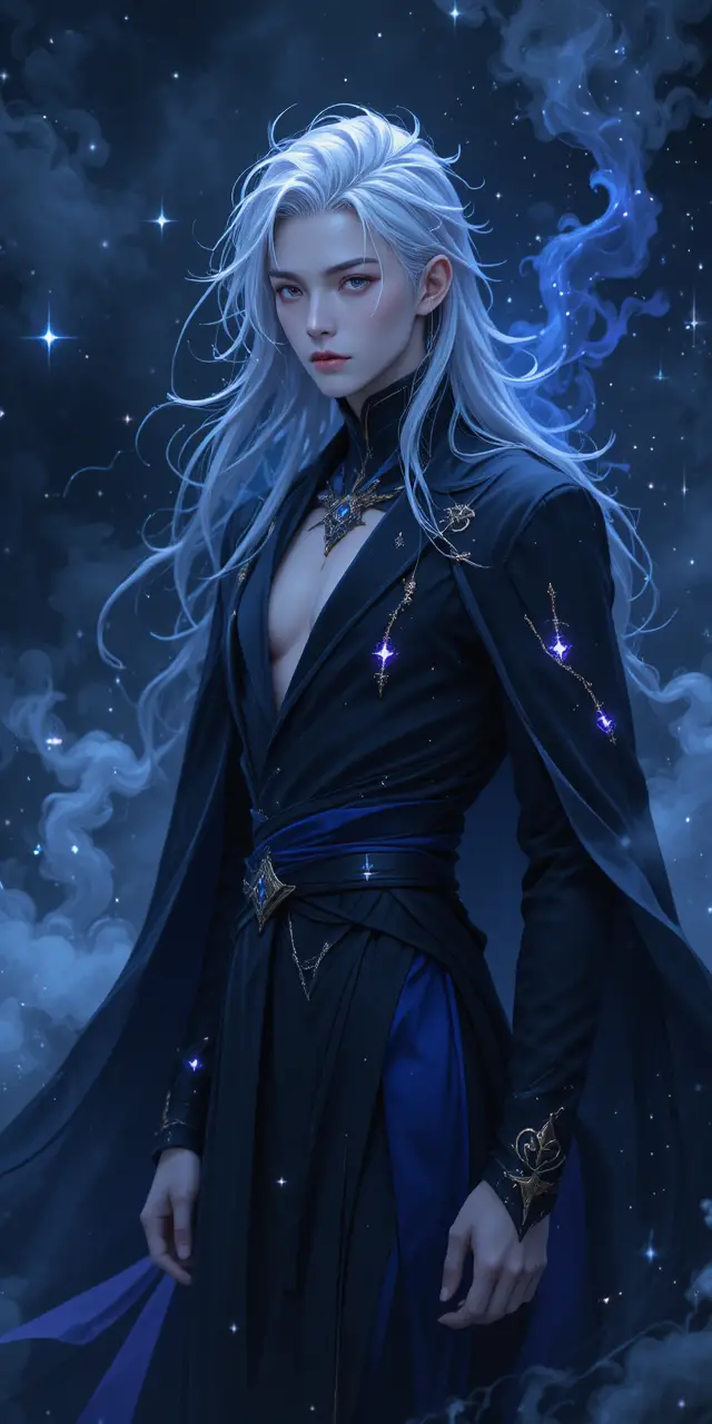 Ethereal anime man in flowing dark celestial robes