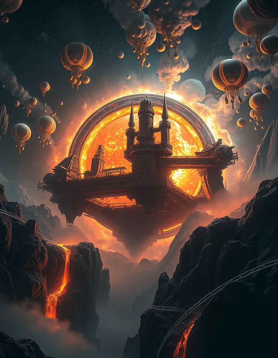 Gigantic industrial forge suspended within a blazing star