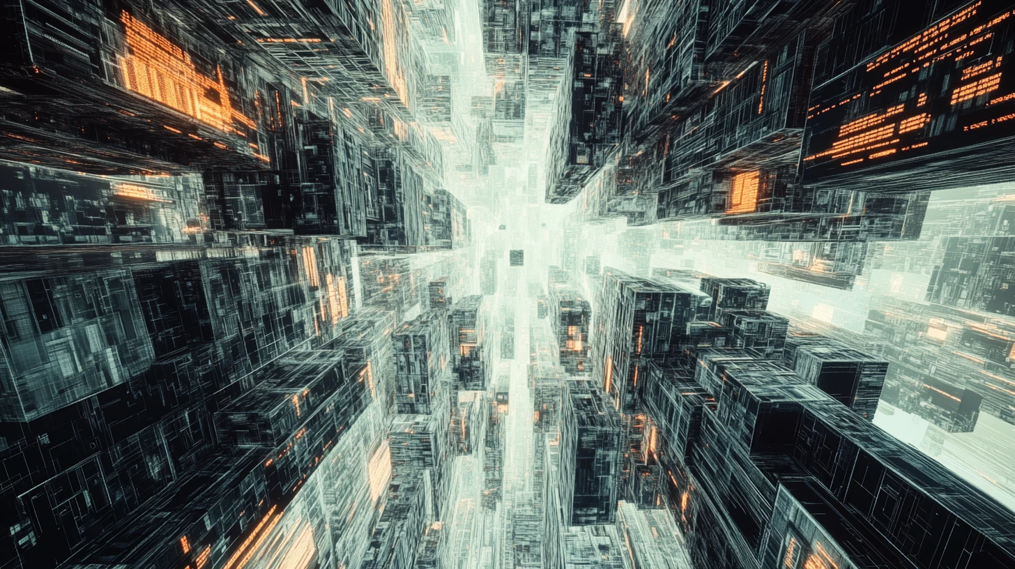 Surreal cityscape of impossible architecture and rising data structures