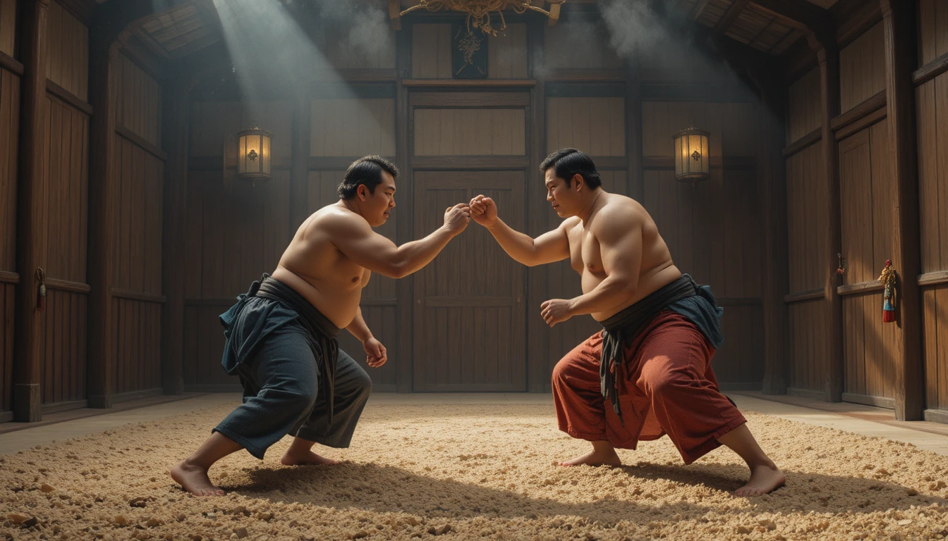 Des lutteurs de sumo s’affrontent dans une arène japonaise traditionnelle en intérieur