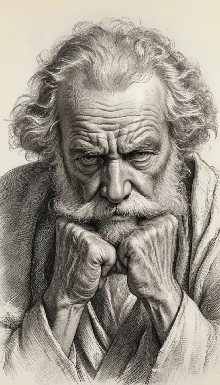 Thoughtful old man engraving with intense close up gaze