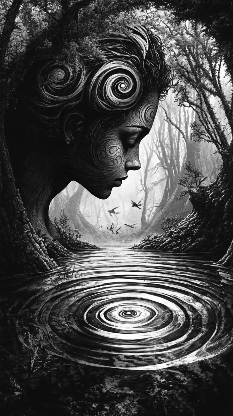 Forest nymph emerging from a rippling monochrome water pool