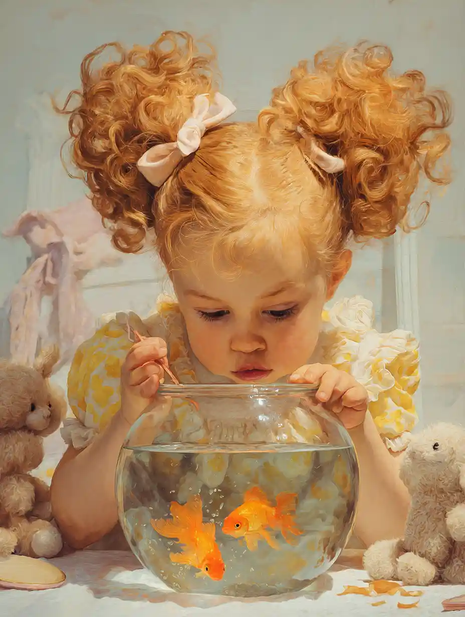 Little girl feeding goldfish in a cozy pink bedroom